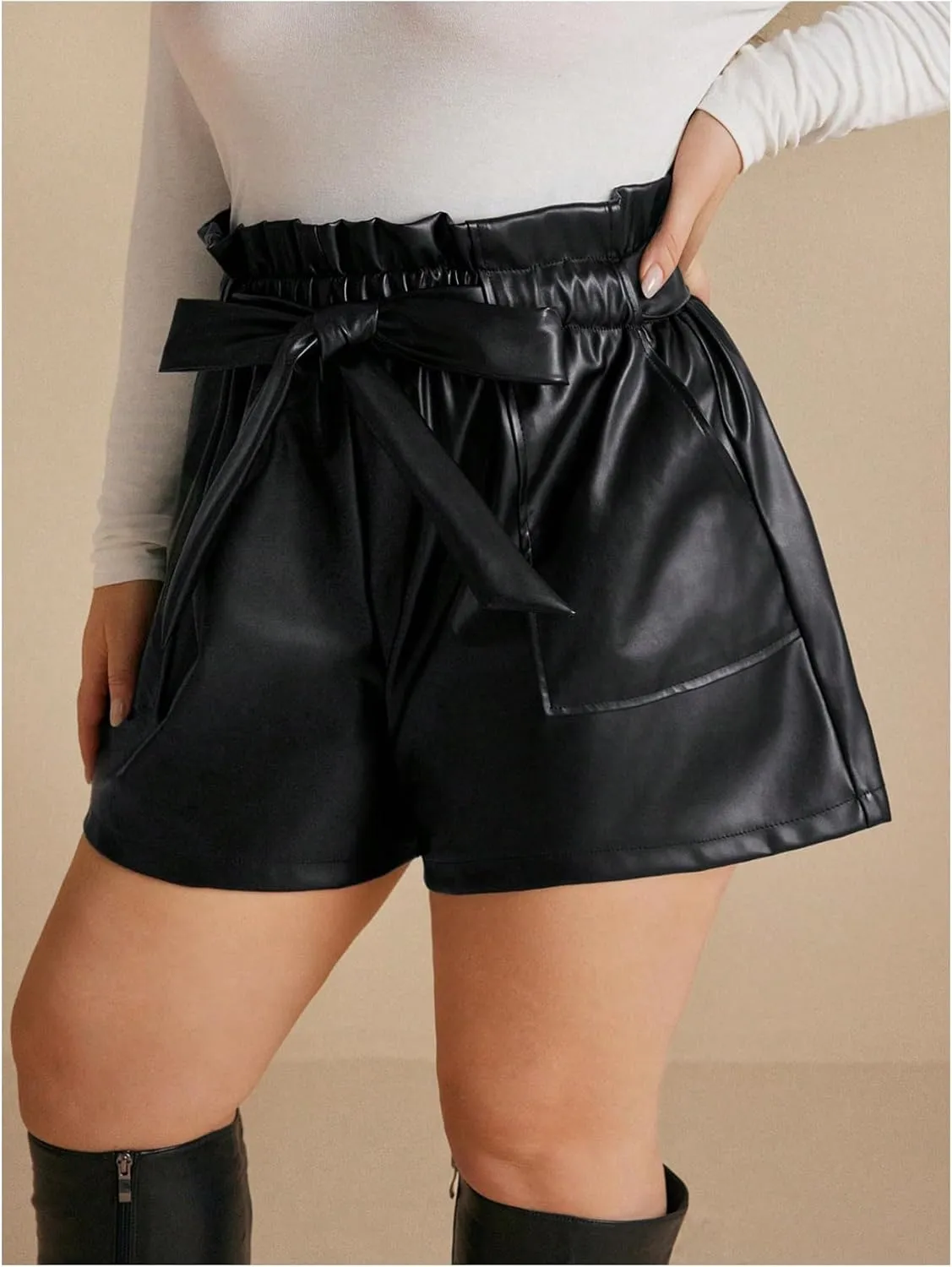 Women's Plus Size PU Leather Shorts Bow Tie Knot Elastic High Waisted Loose Shorts with Pockets