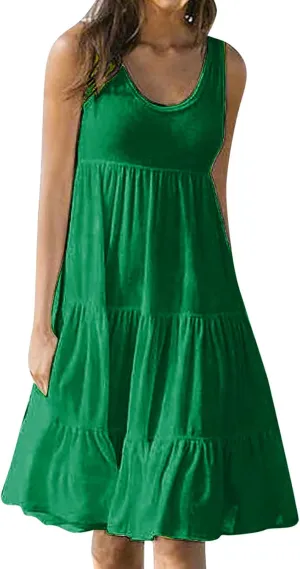 Womens Plus Size Summer Sleeveless Round Neck Swing Dress Solid Color Flowy Tiered Maxi Beach Sundress