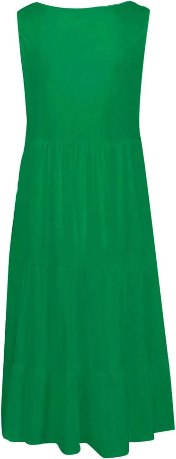 Womens Plus Size Summer Sleeveless Round Neck Swing Dress Solid Color Flowy Tiered Maxi Beach Sundress