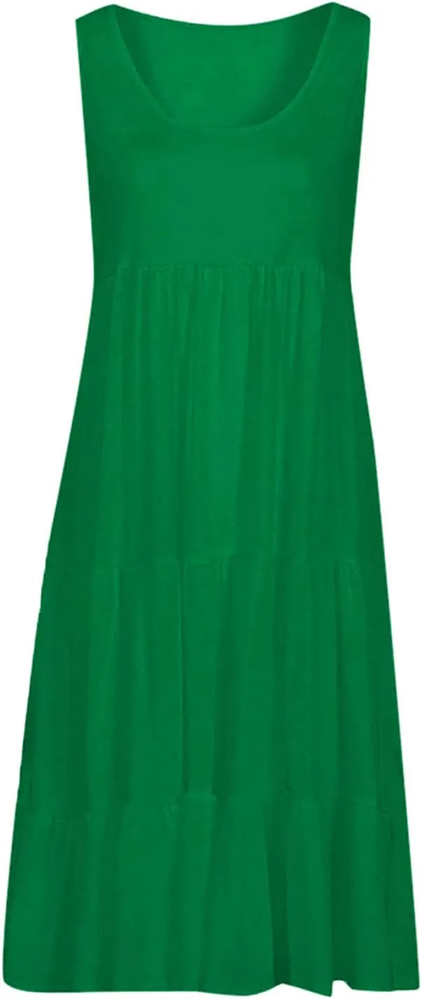 Womens Plus Size Summer Sleeveless Round Neck Swing Dress Solid Color Flowy Tiered Maxi Beach Sundress