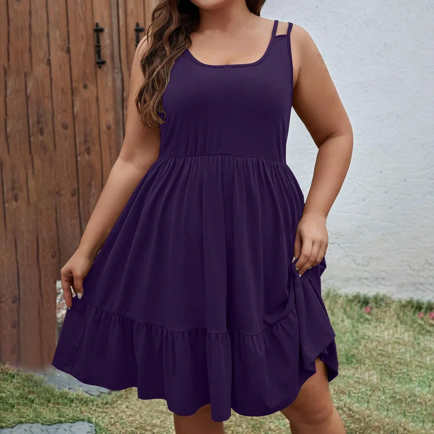 Women's Plus Size Tshirt Dresses Casual Crewneck Sleeveless Summer Ruffle Hem Mini Dress Loose Beach A Line Sundress
