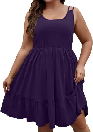 Women's Plus Size Tshirt Dresses Casual Crewneck Sleeveless Summer Ruffle Hem Mini Dress Loose Beach A Line Sundress