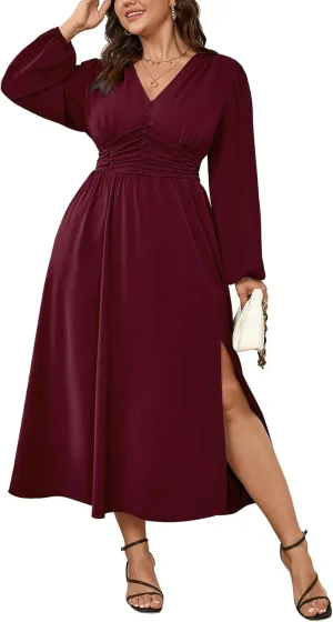 Womens Plus Size Wedding Guest Cocktail Maxi Dress Long Sleeve Elastic Waist V-Neck A-Line Side Slit Flowy Dresses