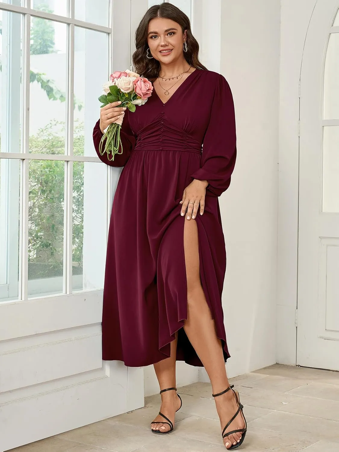 Womens Plus Size Wedding Guest Cocktail Maxi Dress Long Sleeve Elastic Waist V-Neck A-Line Side Slit Flowy Dresses