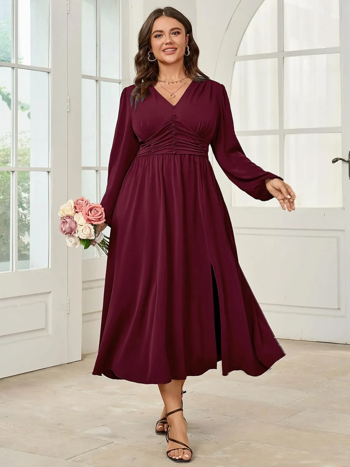 Womens Plus Size Wedding Guest Cocktail Maxi Dress Long Sleeve Elastic Waist V-Neck A-Line Side Slit Flowy Dresses