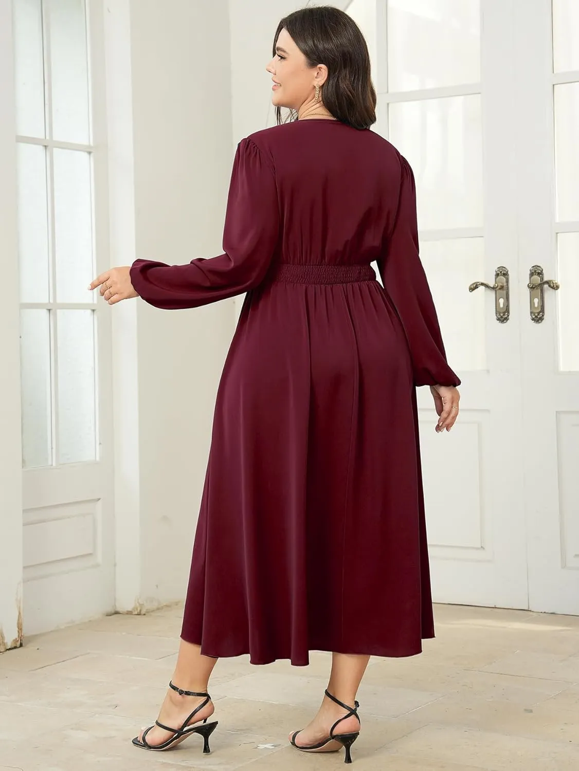 Womens Plus Size Wedding Guest Cocktail Maxi Dress Long Sleeve Elastic Waist V-Neck A-Line Side Slit Flowy Dresses