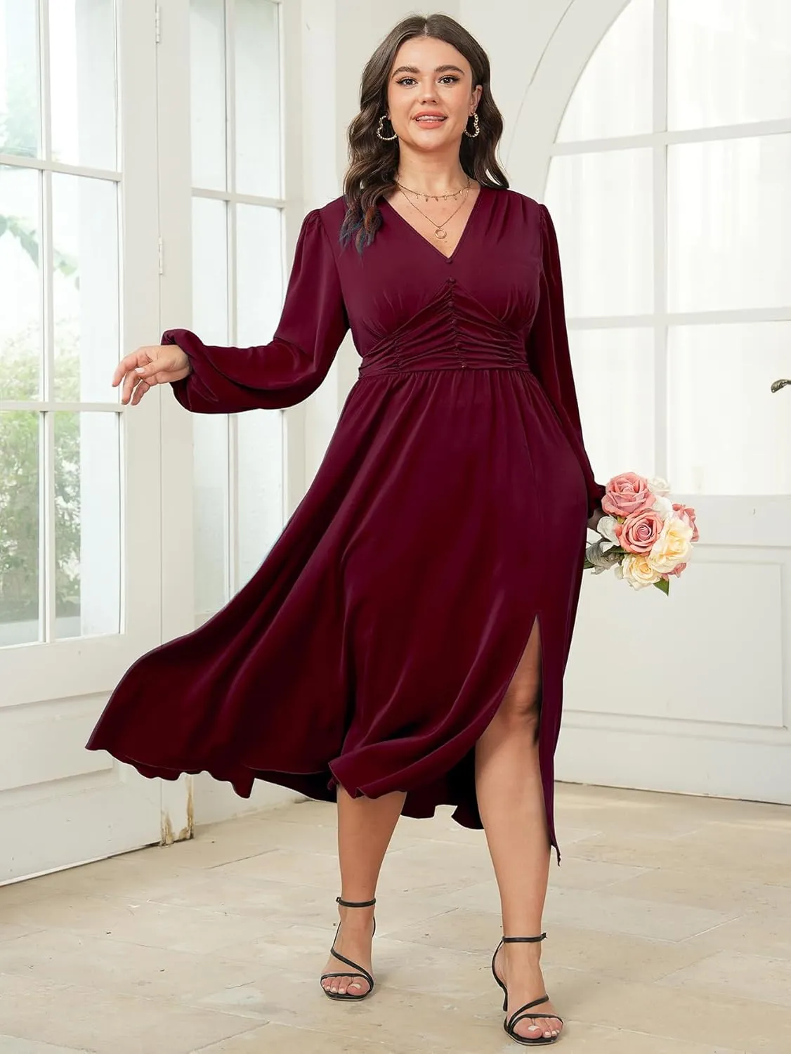 Womens Plus Size Wedding Guest Cocktail Maxi Dress Long Sleeve Elastic Waist V-Neck A-Line Side Slit Flowy Dresses