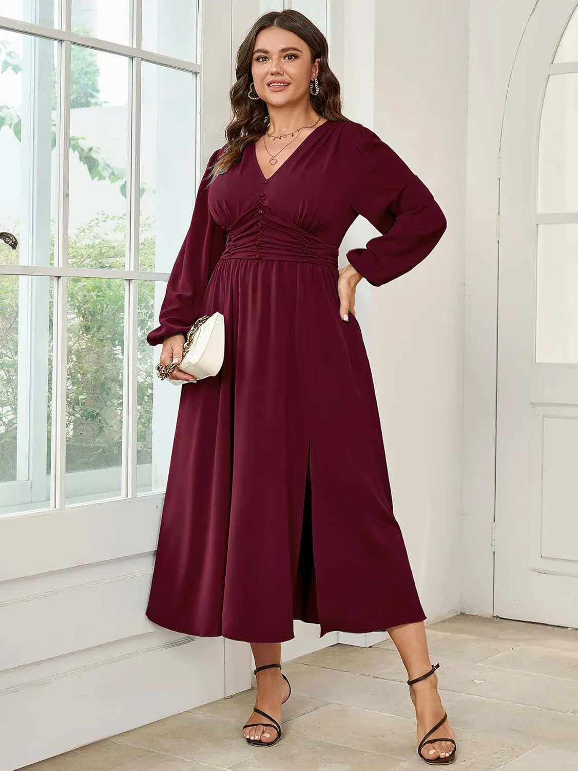 Womens Plus Size Wedding Guest Cocktail Maxi Dress Long Sleeve Elastic Waist V-Neck A-Line Side Slit Flowy Dresses