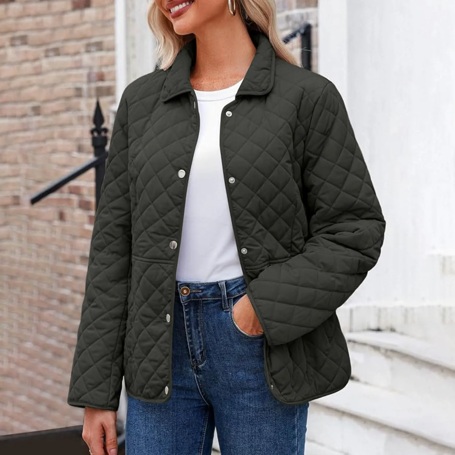 Women's Puffer Jacket Long Sleeve Button Down Lapel Quilted Coats Casual Lightweight Outwear Jacket With Pockets