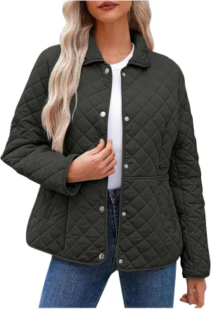Women's Puffer Jacket Long Sleeve Button Down Lapel Quilted Coats Casual Lightweight Outwear Jacket With Pockets