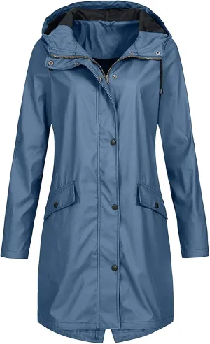 Womens Rain Jacket Waterproof Outdoor Rain Coats Lightweight Active Raincoat Windbreaker Long Hooded Trench Coat