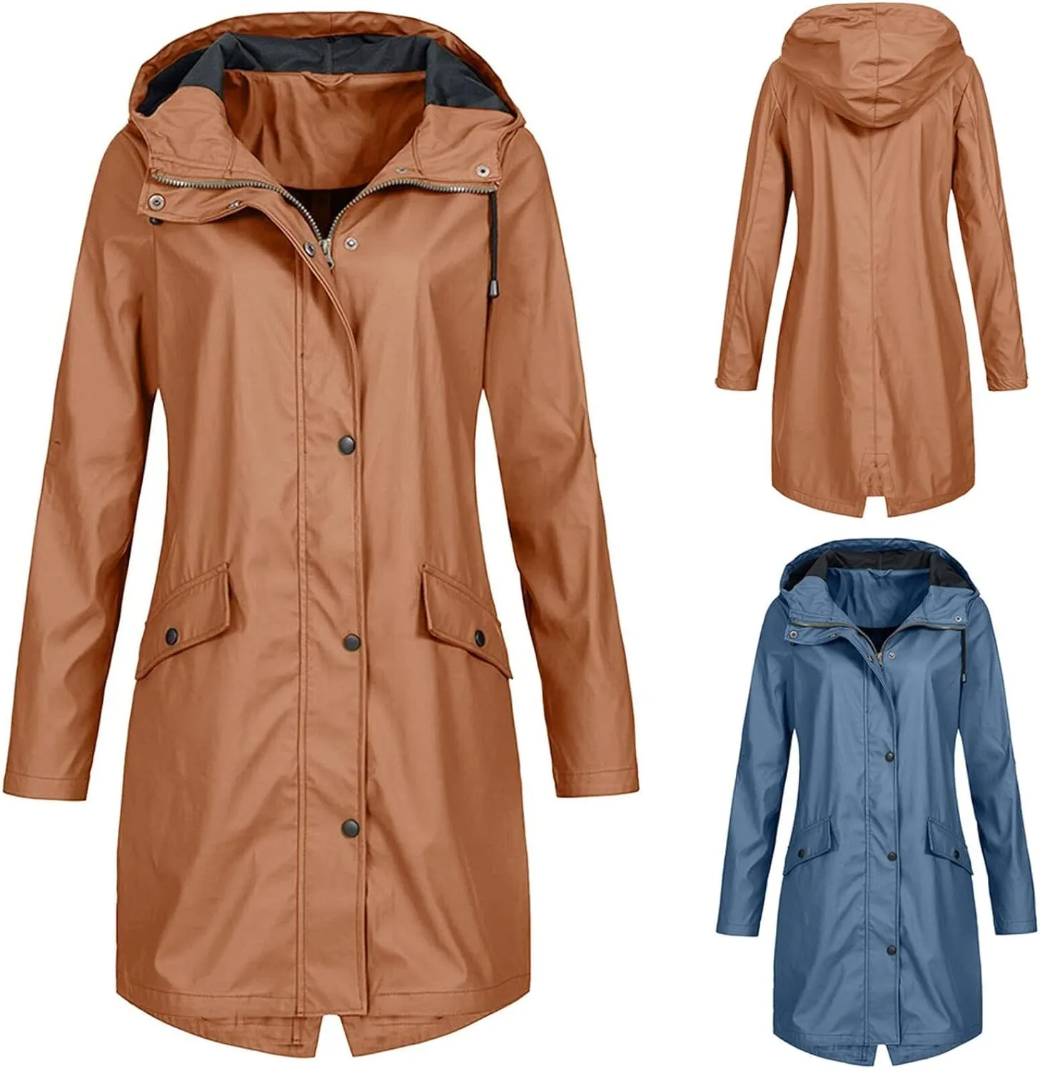 Womens Rain Jacket Waterproof Outdoor Rain Coats Lightweight Active Raincoat Windbreaker Long Hooded Trench Coat