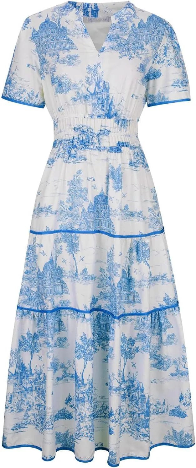 Women's Retro Spring Summer Floral Midi Dress Casual Short Sleeve V Neck Tiered Ruffle Flowy Boho Dresses