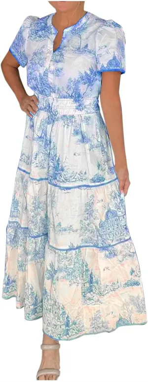 Women's Retro Spring Summer Floral Midi Dress Casual Short Sleeve V Neck Tiered Ruffle Flowy Boho Dresses