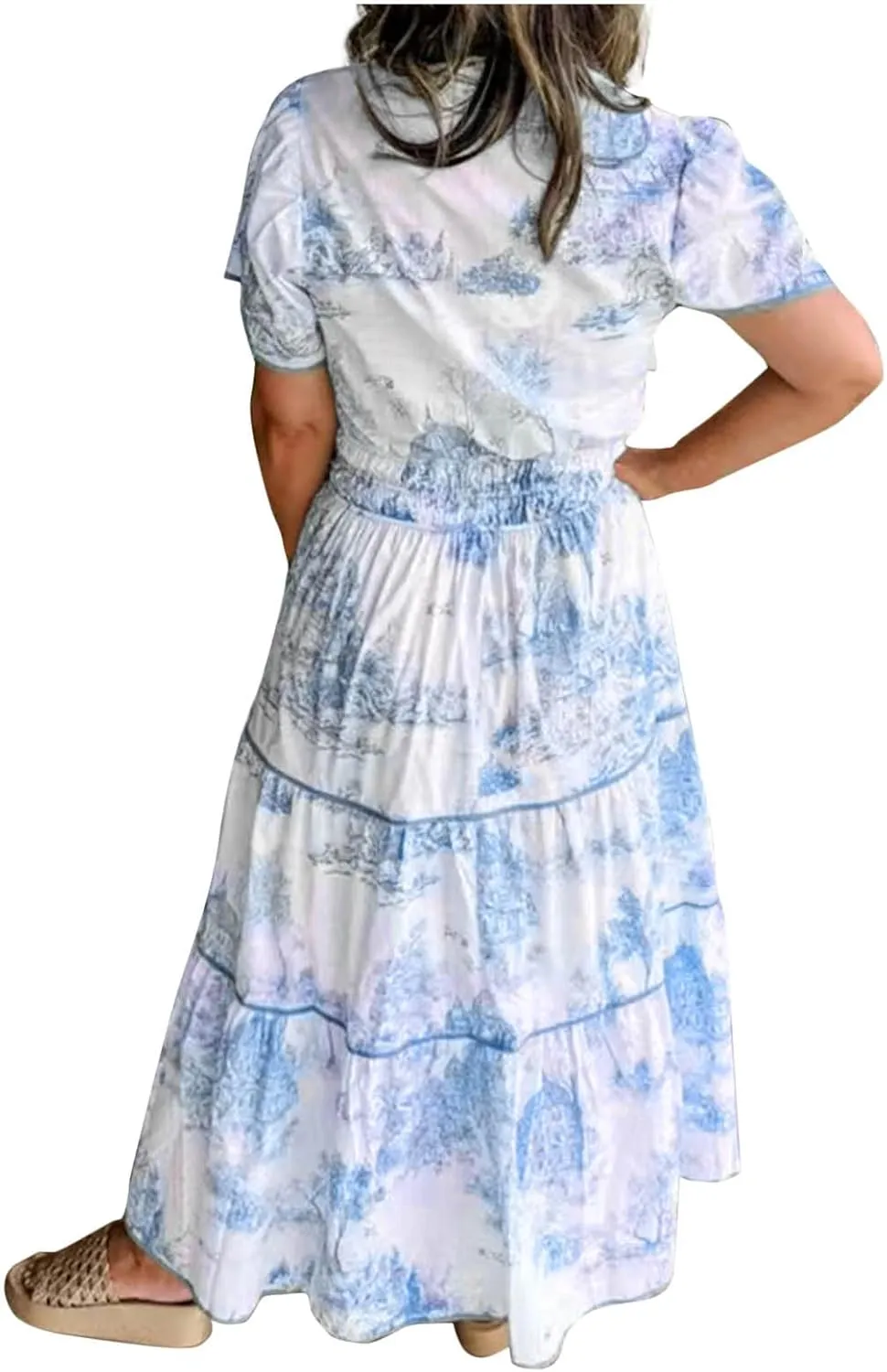 Women's Retro Spring Summer Floral Midi Dress Casual Short Sleeve V Neck Tiered Ruffle Flowy Boho Dresses
