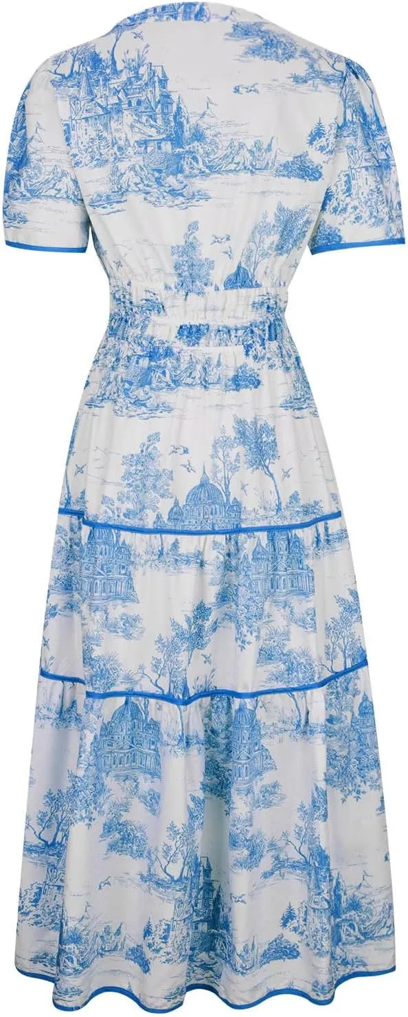 Women's Retro Spring Summer Floral Midi Dress Casual Short Sleeve V Neck Tiered Ruffle Flowy Boho Dresses