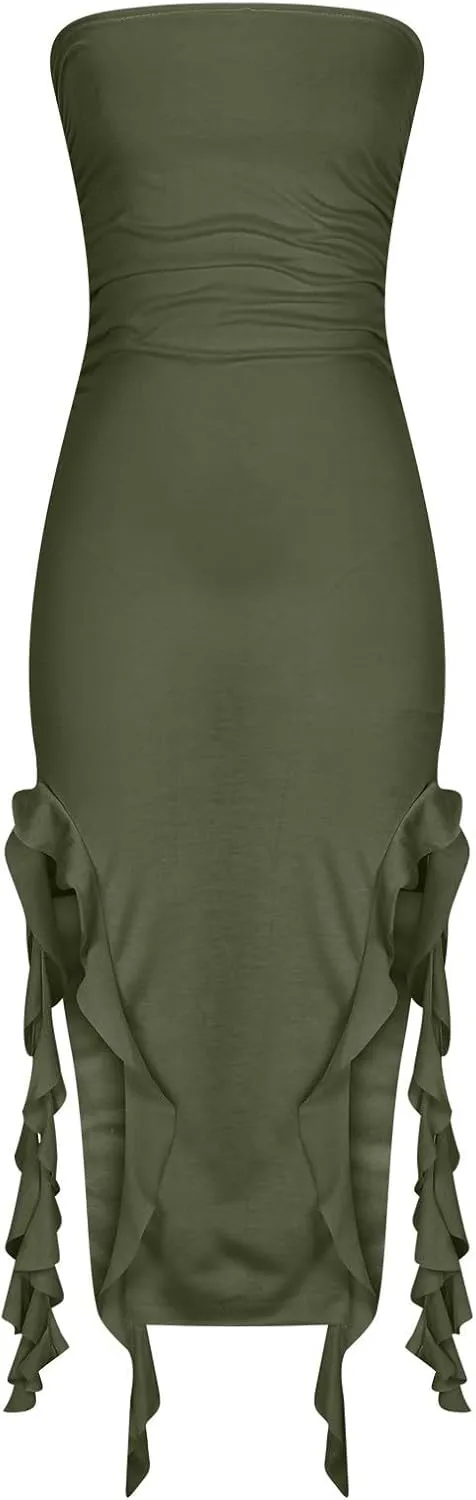 Women's Ruffle High Split Tube Bodycon Dress Ruched Sleeveless Strapless Sexy Dresses Party Club Prom Evening Dress