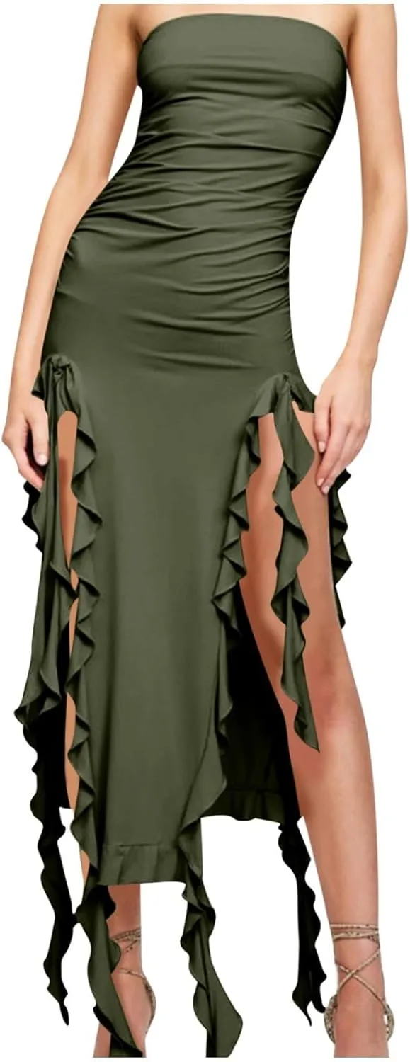 Women's Ruffle High Split Tube Bodycon Dress Ruched Sleeveless Strapless Sexy Dresses Party Club Prom Evening Dress