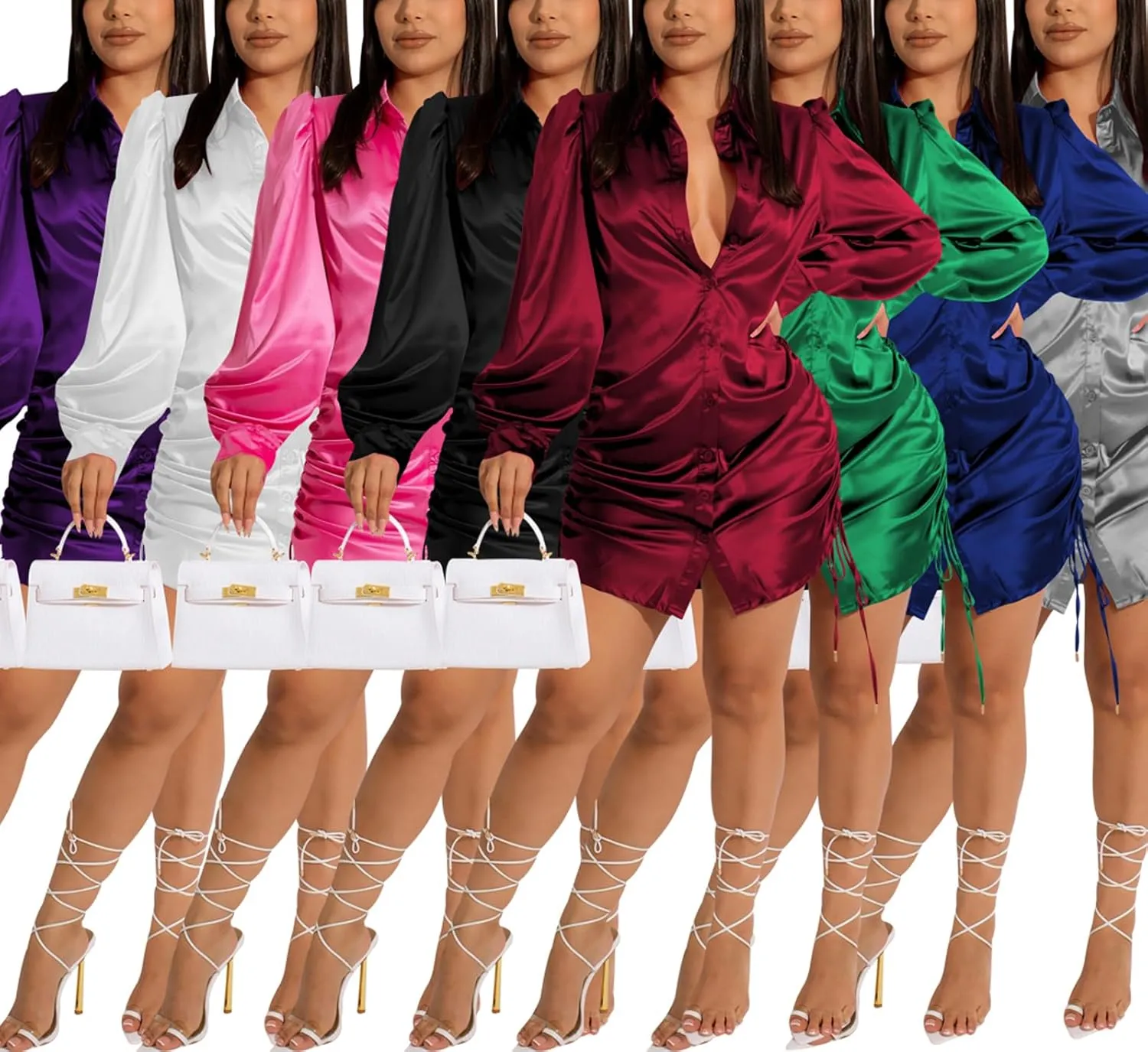 Women's Sexy Button Down Shirts Loose Collar Long Sleeve Ruched Silk Cloth Night Out Club Mini Wrap Dress Drawstring