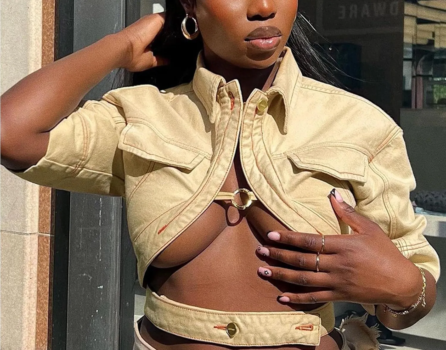 Women's Sexy Short Sleeve Cropped Lapel Jacket Cut Out Y2k Button Down Top Clubwear