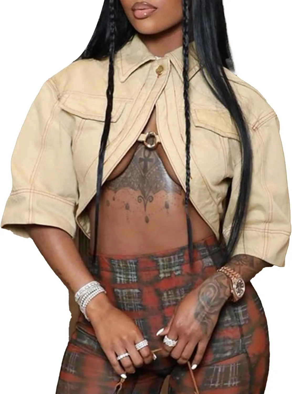 Women's Sexy Short Sleeve Cropped Lapel Jacket Cut Out Y2k Button Down Top Clubwear
