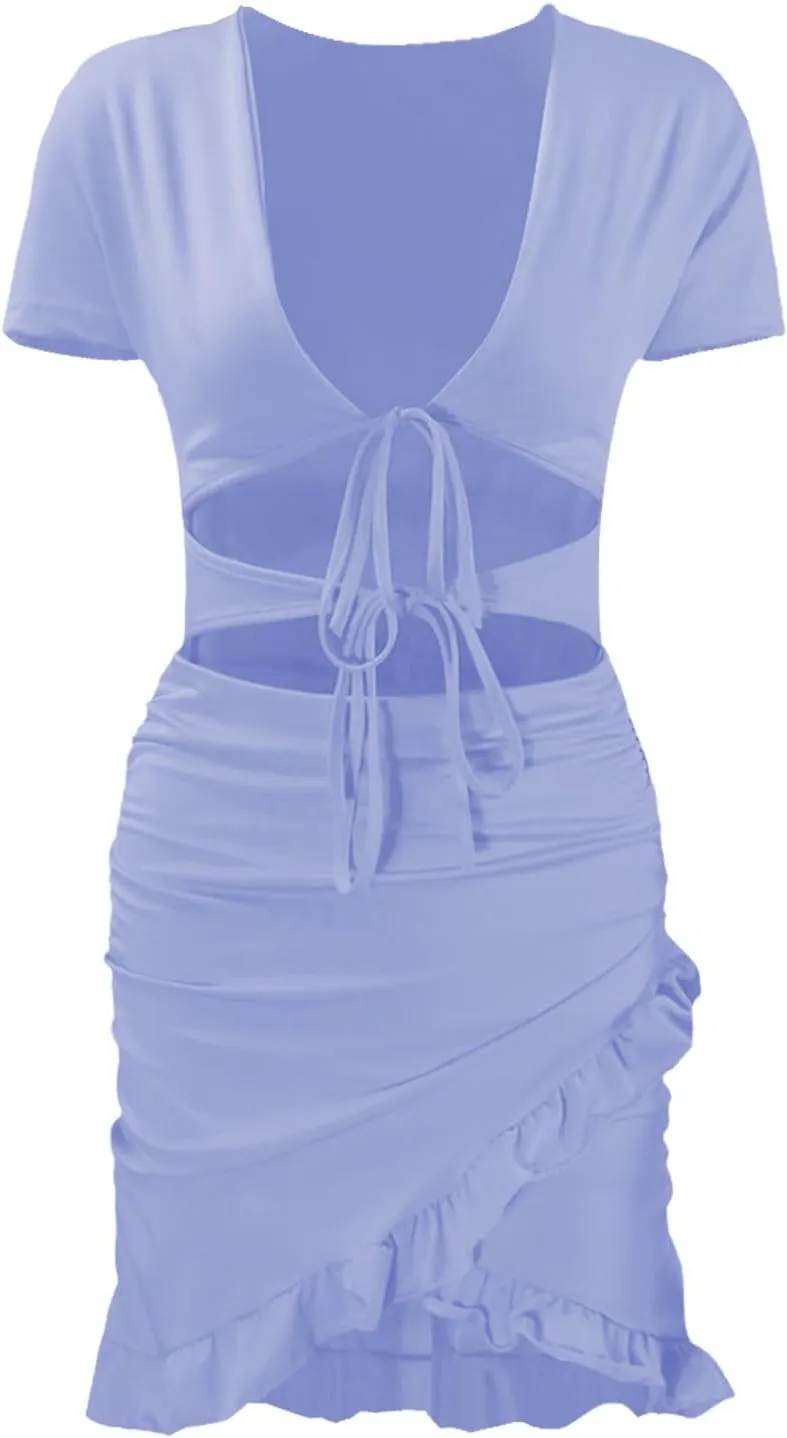Women's Sexy Tie Up Ruched Mini Dress Bag Hip Slim Fit Layered Ruffle Hem Holow Out Front Y2k Going Out Summer Dress