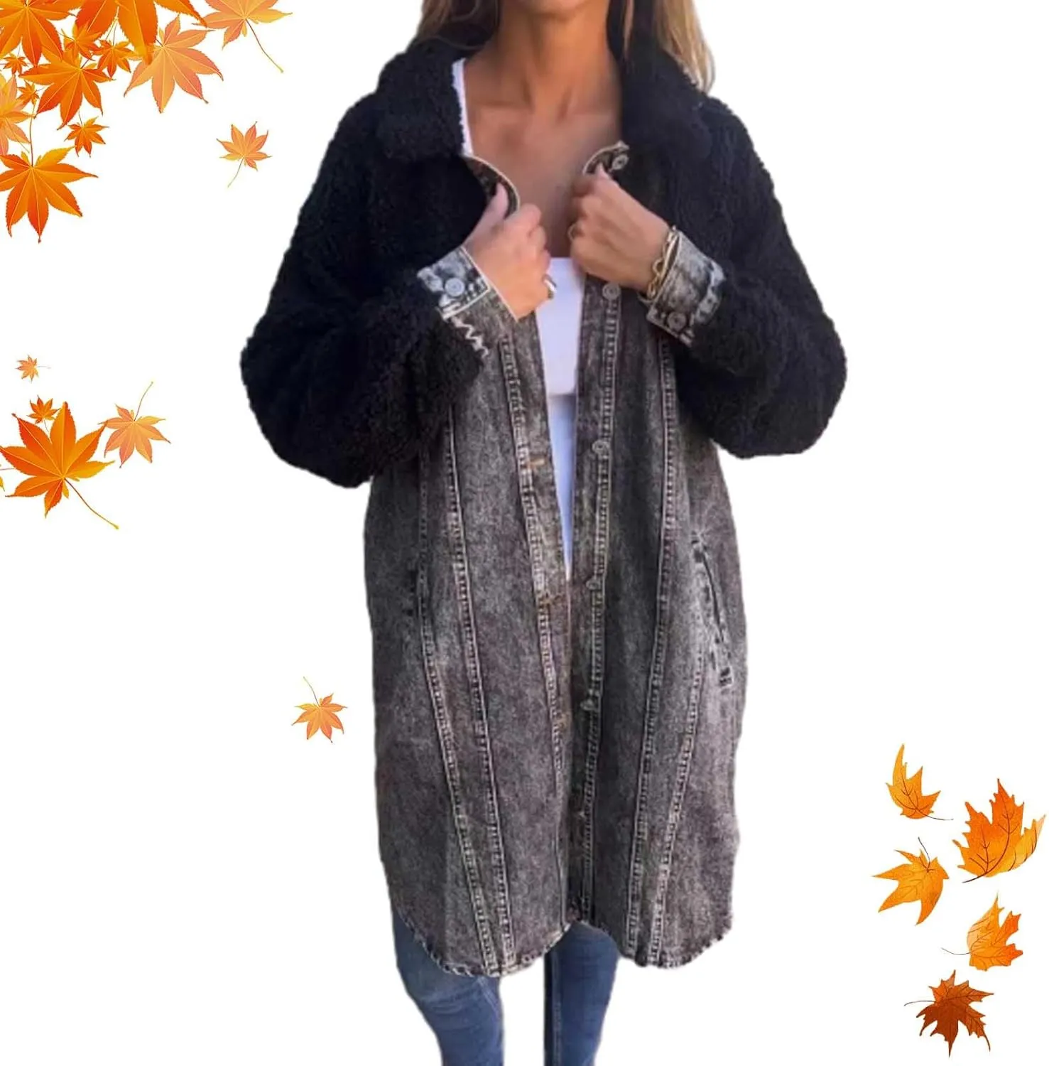 Womens Sherpa-Lined Denim Long Shirt Jacket,2024 Fall New Lapel Single-Breasted Long Denim Jacket Splicing Sherpa