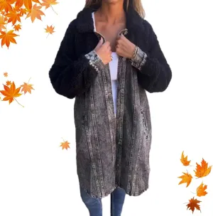 Womens Sherpa-Lined Denim Long Shirt Jacket,2024 Fall New Lapel Single-Breasted Long Denim Jacket Splicing Sherpa