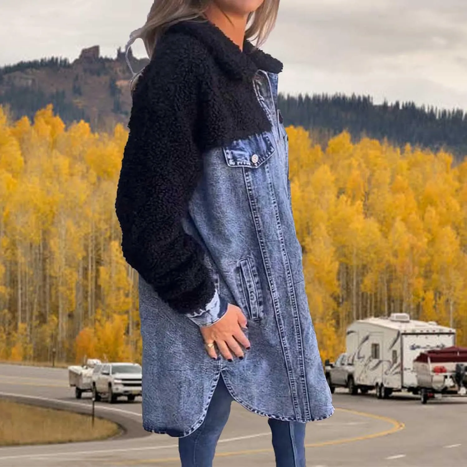 Womens Sherpa-Lined Denim Long Shirt Jacket,2024 Fall New Lapel Single-Breasted Long Denim Jacket Splicing Sherpa
