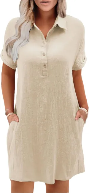 Womens Shirt Dress Summer Casual Short Sleeve Button Down Mini Dress Beach Vacation Dresses with Pockets