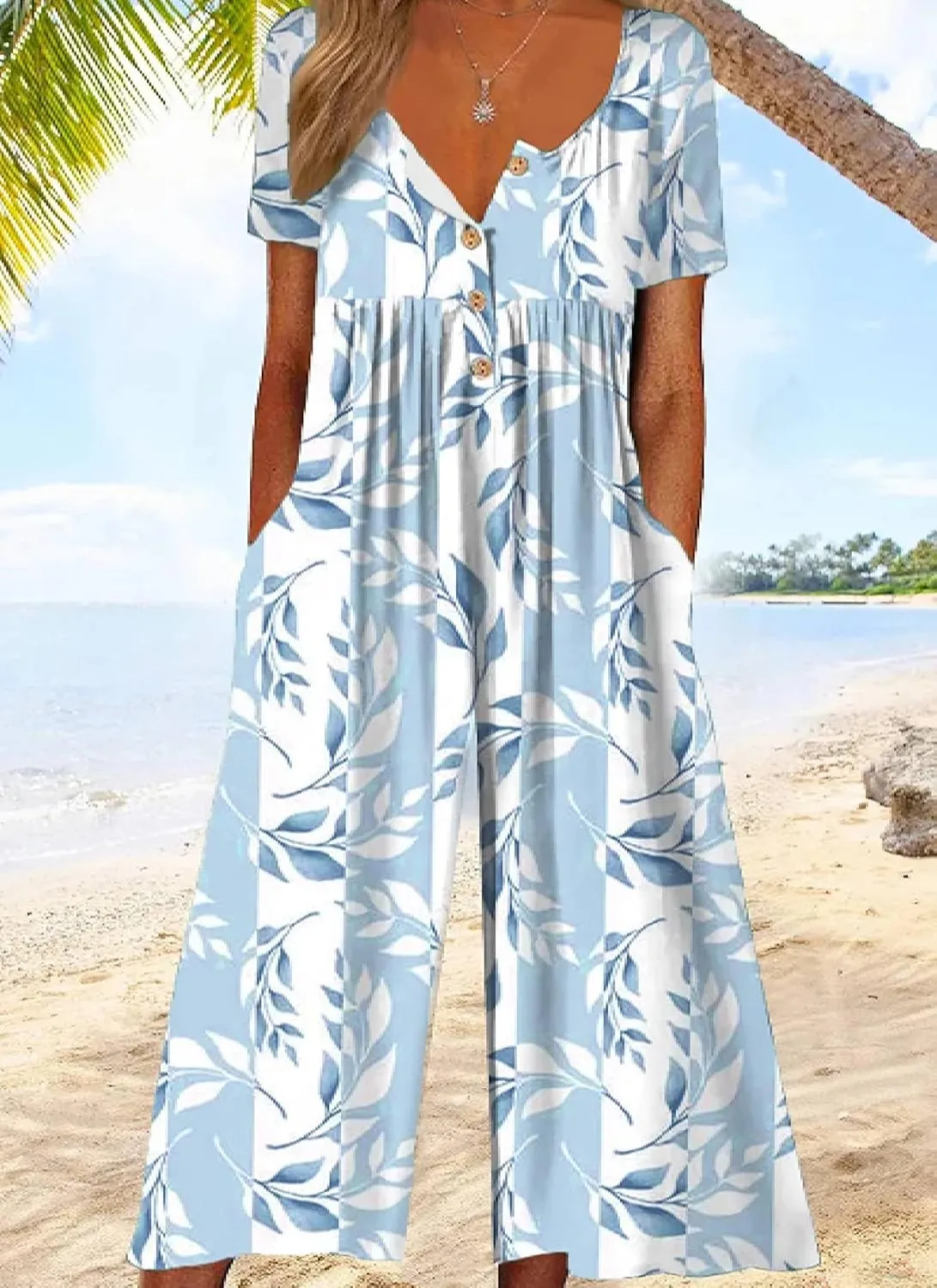 Women's Side Pockets V-Neck Half Sleeve Loose Jumpsuits 2025 Spring Summer Stylish Wide Leg Pants One Piece Outfits