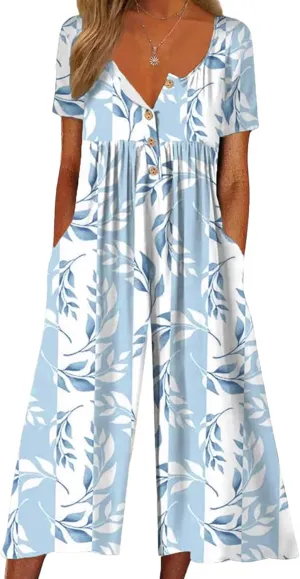 Women's Side Pockets V-Neck Half Sleeve Loose Jumpsuits 2025 Spring Summer Stylish Wide Leg Pants One Piece Outfits