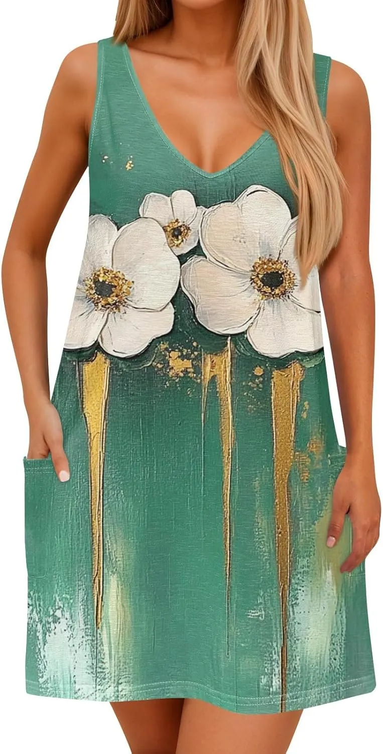Women's Sleeveless Floral Dress Summer Casual Loose Fit V-Neck Summer for Beach, Party, or Daily Wear