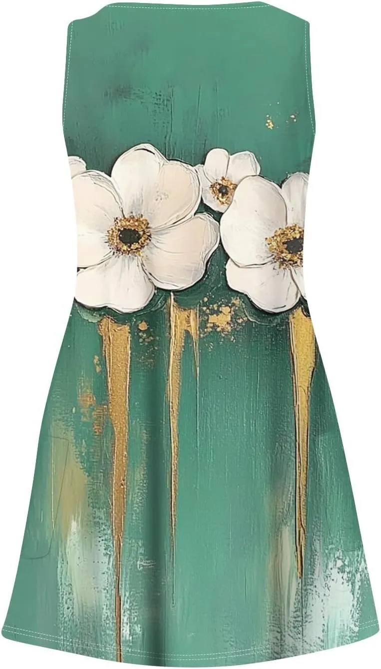 Women's Sleeveless Floral Dress Summer Casual Loose Fit V-Neck Summer for Beach, Party, or Daily Wear