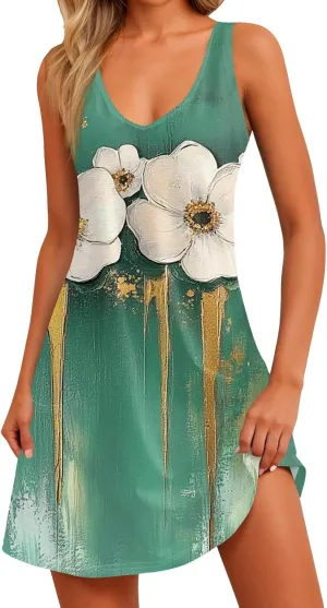 Women's Sleeveless Floral Dress Summer Casual Loose Fit V-Neck Summer for Beach, Party, or Daily Wear