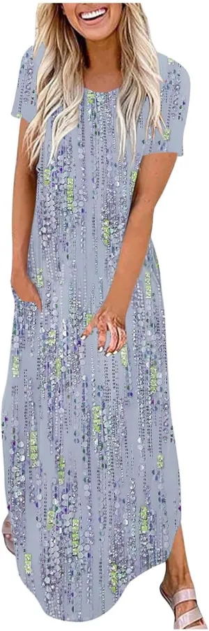 Womens Split Boho Floral Maxi Dresses Short Sleeve Casual Pocket Long Dress 2025 Summer Loose Flowy Beach Sundress