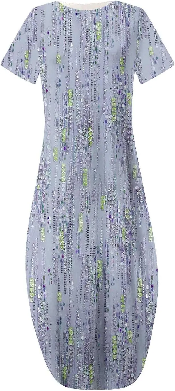 Womens Split Boho Floral Maxi Dresses Short Sleeve Casual Pocket Long Dress 2025 Summer Loose Flowy Beach Sundress