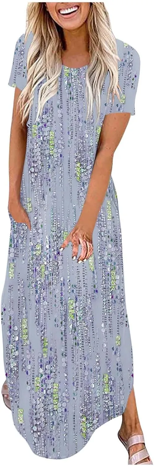 Womens Split Boho Floral Maxi Dresses Short Sleeve Casual Pocket Long Dress 2025 Summer Loose Flowy Beach Sundress