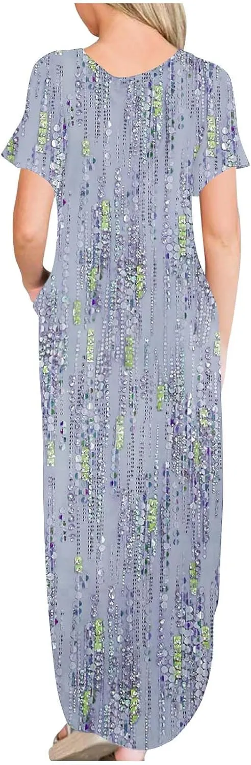 Womens Split Boho Floral Maxi Dresses Short Sleeve Casual Pocket Long Dress 2025 Summer Loose Flowy Beach Sundress
