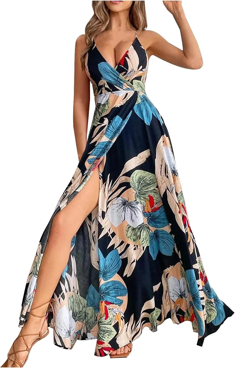 Womens Summer Boho Floral Dress Sleeveless Spaghetti Strap Maxi Dress Evening Party V Neck High Slit Beach Sundress