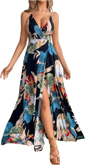 Womens Summer Boho Floral Dress Sleeveless Spaghetti Strap Maxi Dress Evening Party V Neck High Slit Beach Sundress