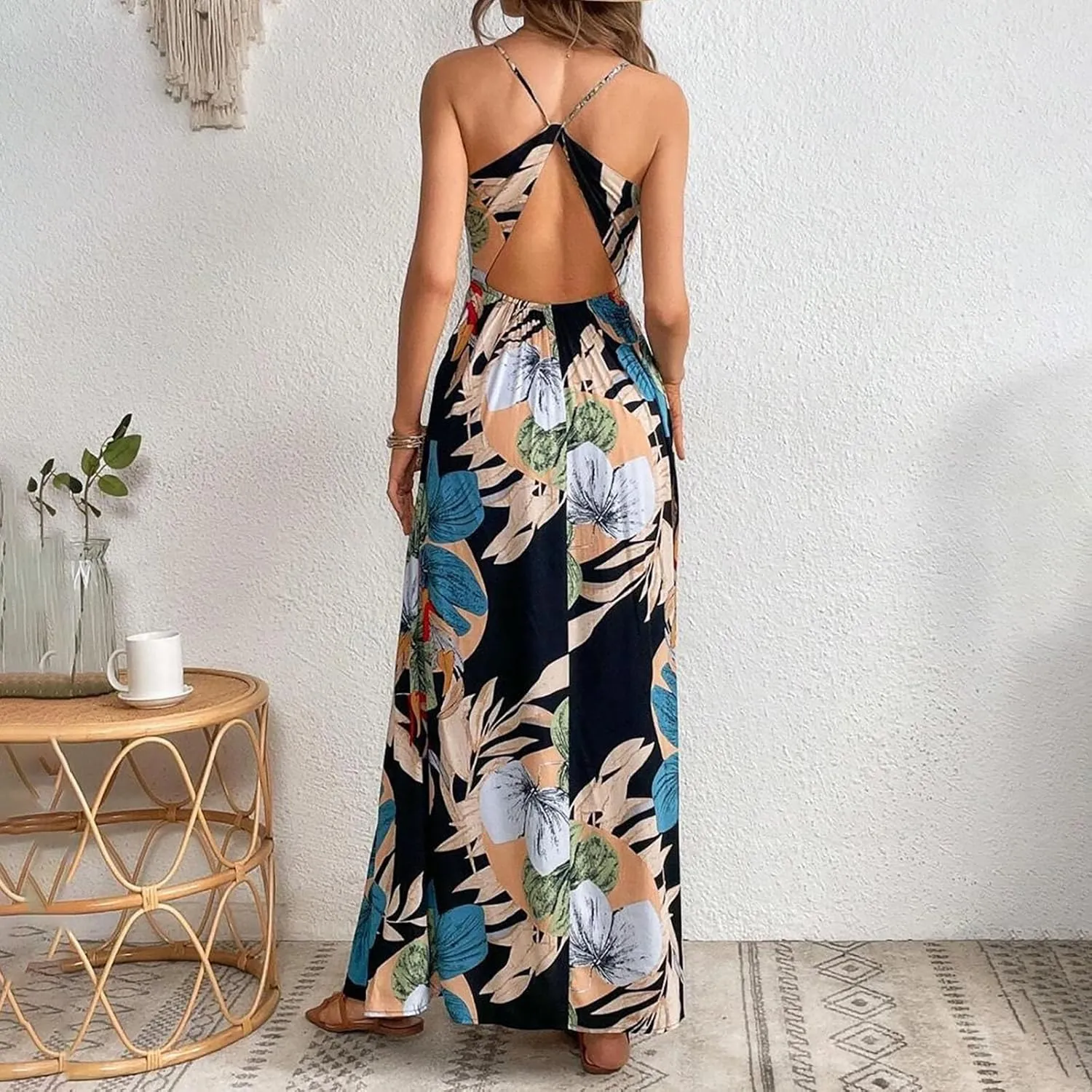 Womens Summer Boho Floral Dress Sleeveless Spaghetti Strap Maxi Dress Evening Party V Neck High Slit Beach Sundress