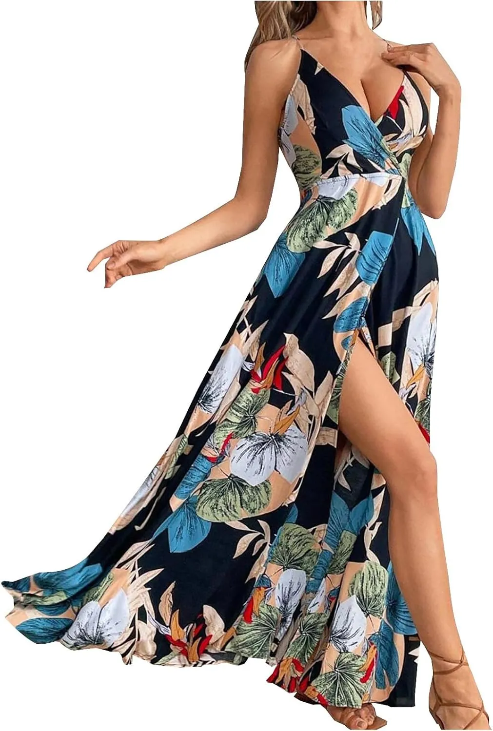 Womens Summer Boho Floral Dress Sleeveless Spaghetti Strap Maxi Dress Evening Party V Neck High Slit Beach Sundress