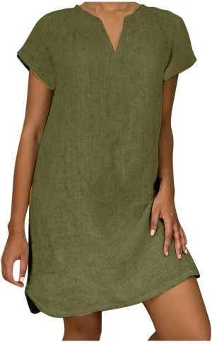 Womens Summer Cotton Linen Dresses Casual V Neck Short Sleeve Midi Dress Floral Embroidery Shirt Dress Plus Size S-5X Deals of The Day 2024 Vacation Sun Dresses Women, 3X-Large, Army Green R