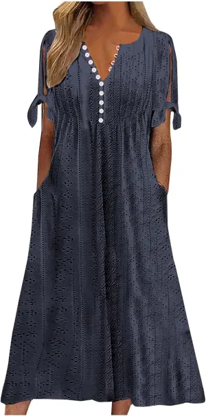 Womens Summer Dress Casual Floral Print Midi Dress Button V Neck Short Sleeve Dresses Flowy Boho Beach Party Sundress