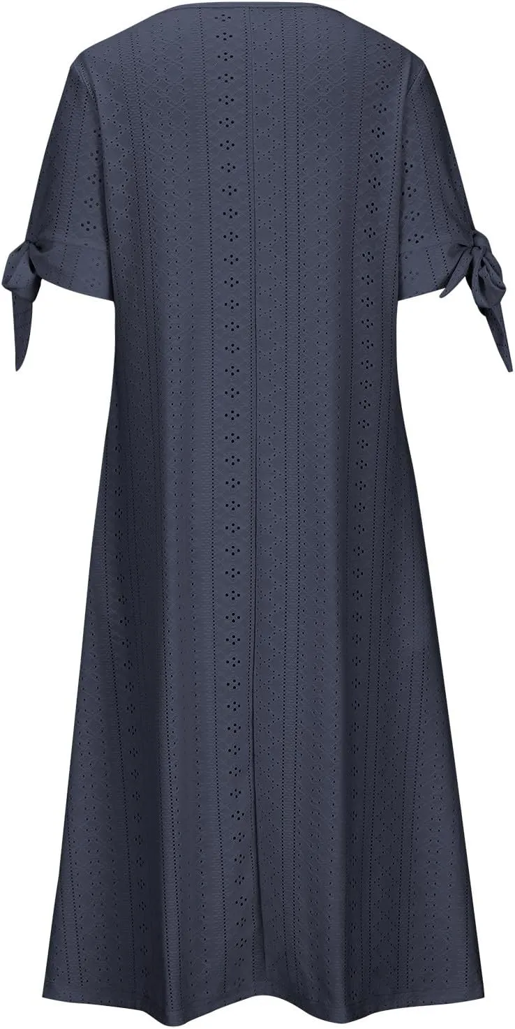 Womens Summer Dress Casual Floral Print Midi Dress Button V Neck Short Sleeve Dresses Flowy Boho Beach Party Sundress