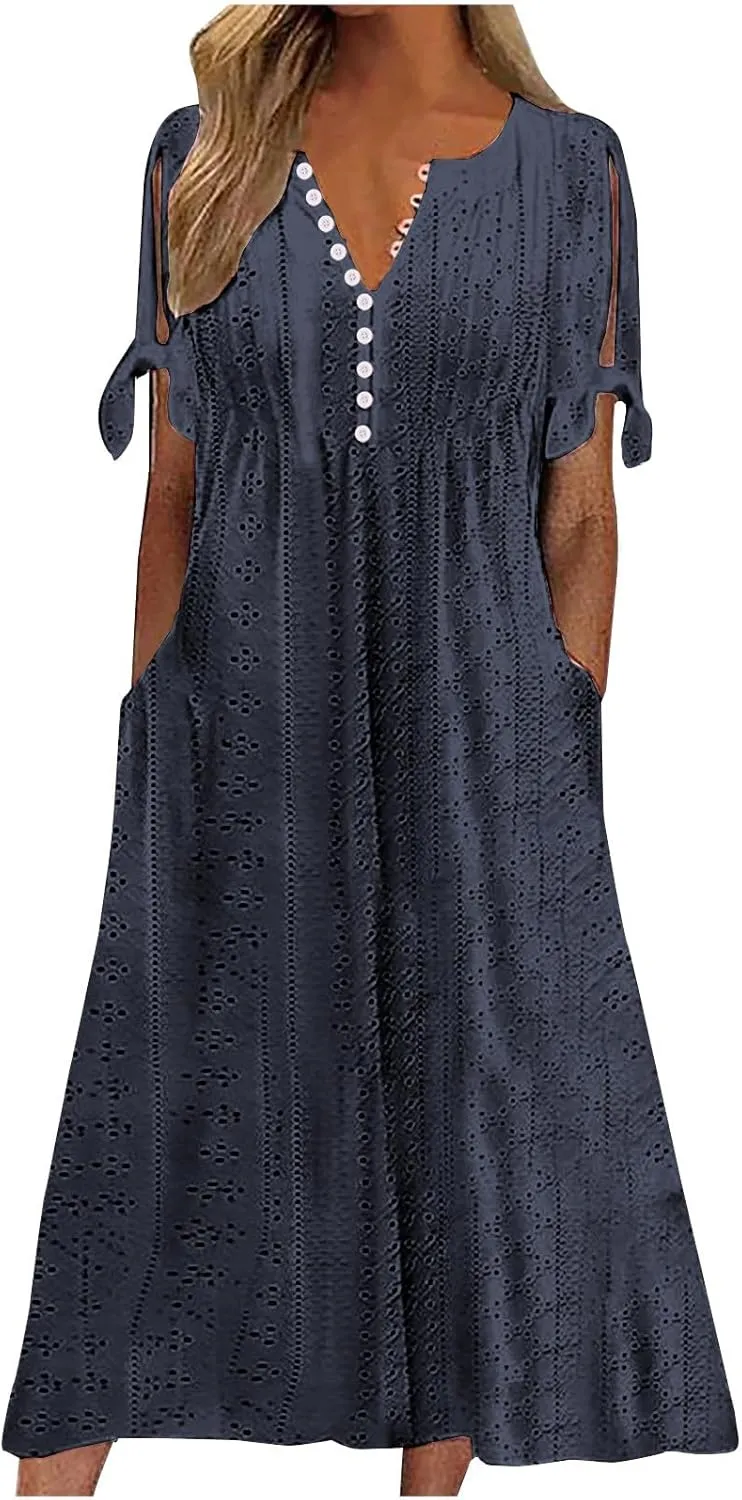 Womens Summer Dress Casual Floral Print Midi Dress Button V Neck Short Sleeve Dresses Flowy Boho Beach Party Sundress
