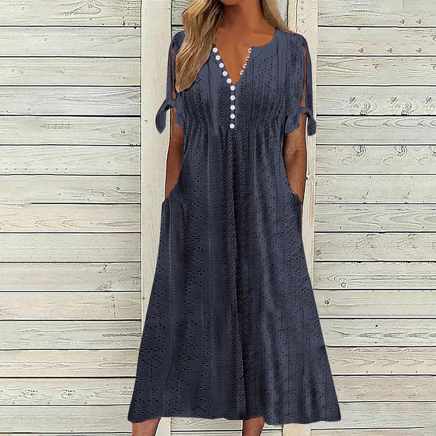 Womens Summer Dress Casual Floral Print Midi Dress Button V Neck Short Sleeve Dresses Flowy Boho Beach Party Sundress