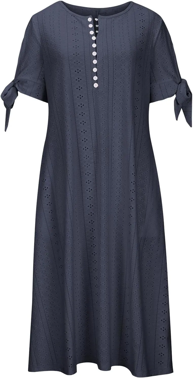 Womens Summer Dress Casual Floral Print Midi Dress Button V Neck Short Sleeve Dresses Flowy Boho Beach Party Sundress