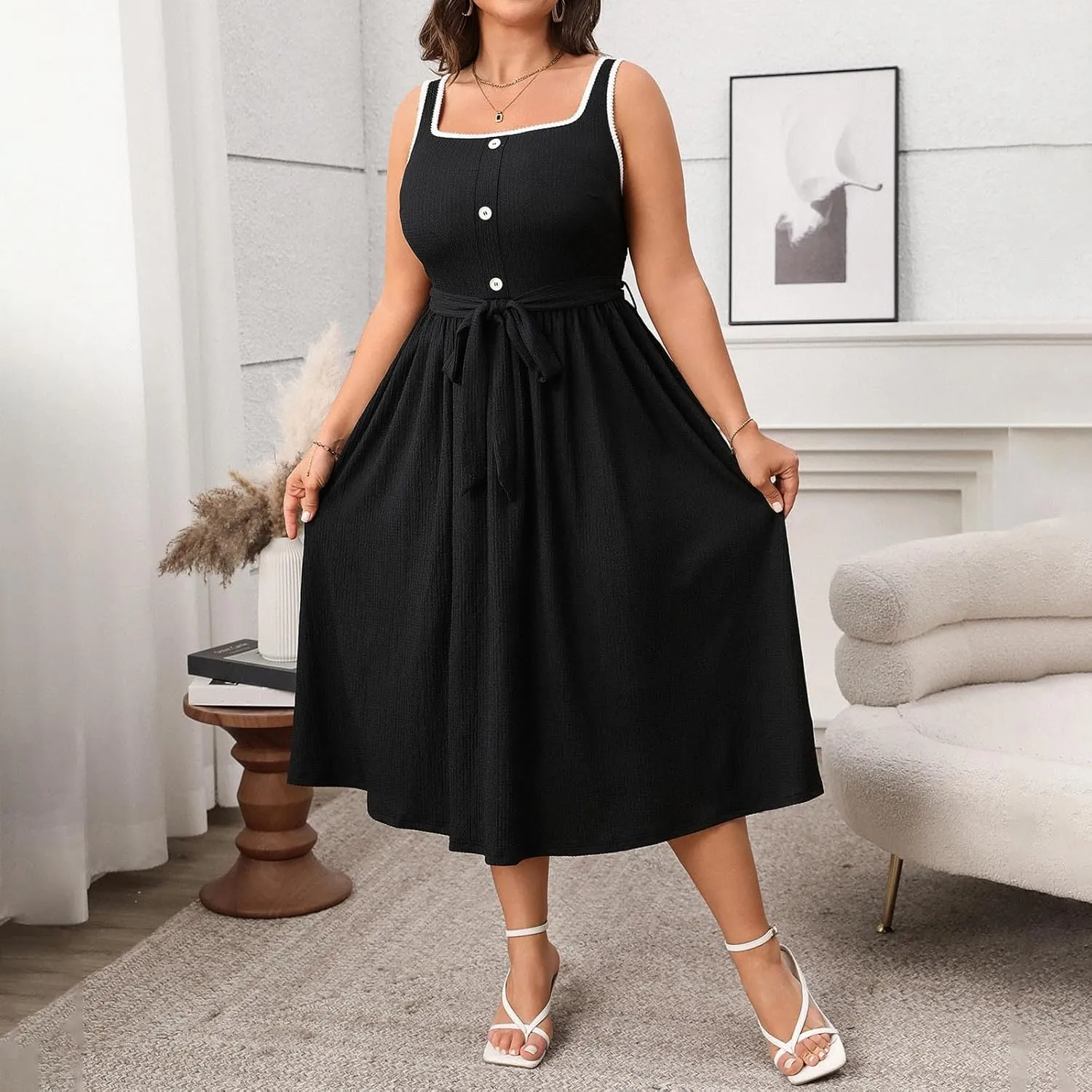 Womens Summer Dress Plus Size Sleeveless Square Neck Button Tank Sundress Casual Trendy A-Line Smocked Flowy Dresses